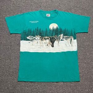 Vintage Oneita 1991 Habitat National Wildlife Federation Wolf AOP Tee Teal XL